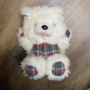 Soft Things White Plush Teddy Bear Plaid belly feet hands Ears Pink Mouth 11”